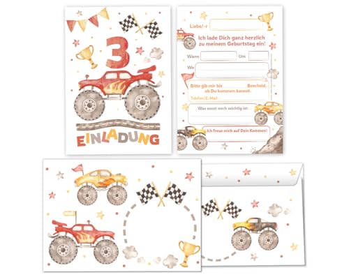 12 Einladungskarten incl. 12 Umschläge zum 3. Kindergeburtstag Jungen Monster-Truck Auto Einladung zum dritten Geburtstag Kinder Einladungsset von Minkocards