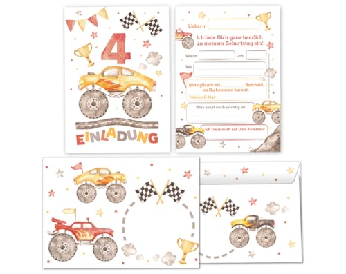 12 Einladungskarten incl. 12 Umschläge zum 4. Kindergeburtstag Jungen Monster-Truck Auto Einladungen zum vierten Geburtstag Kinder Einladungsset von Minkocards