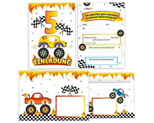 12 Einladungskarten incl. 12 Umschläge zum 5. Kindergeburtstag Jungen Monster-Truck Auto Einladung zum fünften Geburtstag Kinder Einladungsset von Minkocards