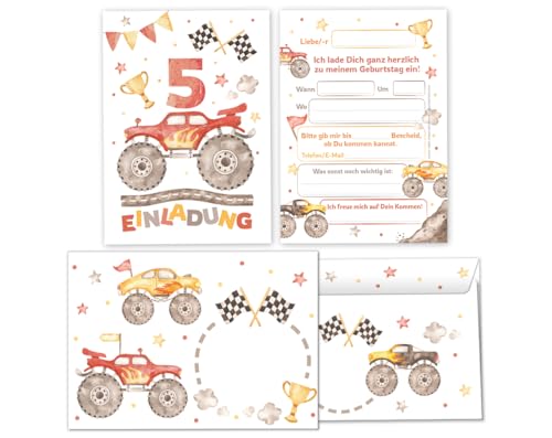 12 Einladungskarten incl. 12 Umschläge zum 5. Kindergeburtstag Jungen Monster-Truck Auto Einladungen zum fünften Geburtstag Kinder Einladungsset von Minkocards