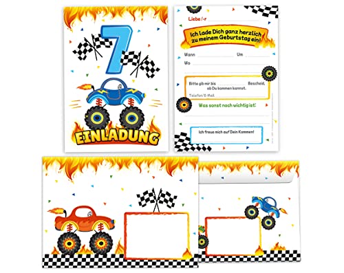 12 Einladungskarten incl. 12 Umschläge zum 7. Kindergeburtstag Jungen Monster-Truck Auto Einladung zum siebten Geburtstag Kinder Einladungsset von Minkocards