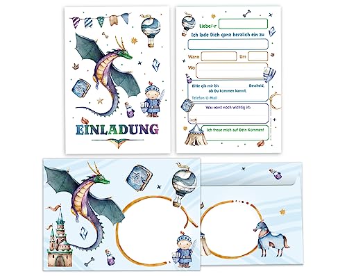 12 Einladungskarten incl. 12 Umschläge zum Kindergeburtstag Junge Ritter Einladungen zum Geburtstag Kinder Einladungsset Motto-Party Einladungsset von Minkocards