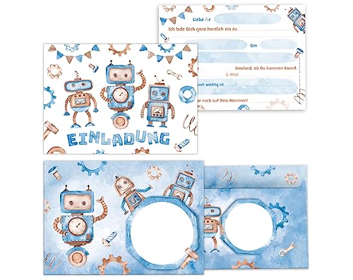 12 Einladungskarten incl. 12 Umschläge zum Kindergeburtstag Junge Roboter Einladungen zum Geburtstag Kinder Einladungsset Motto-Party von Minkocards