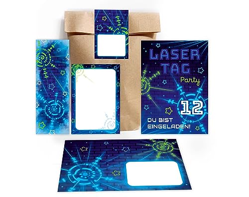 12 Einladungskarten zum 12. Kindergeburtstag Lasertag Laser Tag Mädchen Jungen zwölfte Geburtstag incl. 12 Umschläge, 12 Partytüten/natur, 12 Aufkleber, 12 Lesezeichen, 12 Mini-Notizblöcke von Minkocards