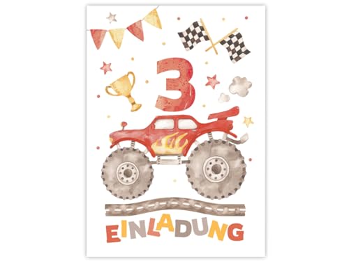 12 Einladungskarten zum 3. Kindergeburtstag Jungen Monster-Truck Auto Einladungen zum dritten Geburtstag Kinder bunte Geburtstagseinladungen von Minkocards