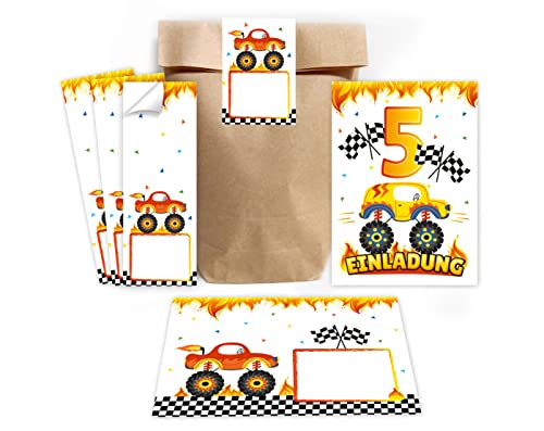 12 Einladungskarten zum 5. Kindergeburtstag Jungen Monster-Truck Auto Einladung zum fünften Geburtstag incl. 12 Umschläge, 12 Partytüten/natur, 12 Aufkleber von Minkocards