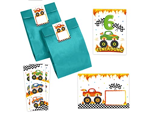 12 Einladungskarten zum 6. Kindergeburtstag Jungen Monster-Truck Auto Einladung zum sechsten Geburtstag incl. 12 Umschläge, 12 Partytüten/petrol, 12 Aufkleber, 12 Lesezeichen von Minkocards