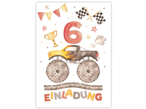 12 Einladungskarten zum 6. Kindergeburtstag Jungen Monster-Truck Auto Einladungen zum sechsten Geburtstag Kinder bunte Geburtstagseinladungen von Minkocards