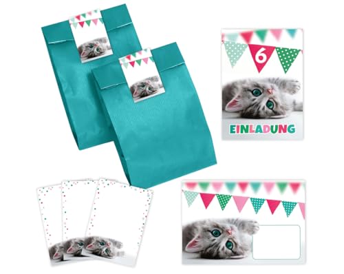 12 Einladungskarten zum 6. Kindergeburtstag Mädchen Jungen Katze Einladungen sechste Geburtstag Kinder incl. 12 Umschläge, 12 Partytüten/petrol, 12 Aufkleber, 12 Mini-Notizblöcke von Minkocards