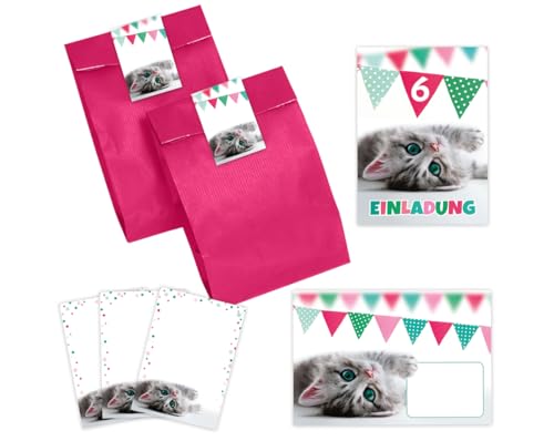 12 Einladungskarten zum 6. Kindergeburtstag Mädchen Jungen Katze Einladungen sechste Geburtstag Kinder incl. 12 Umschläge, 12 Partytüten/pink, 12 Aufkleber, 12 Mini-Notizblöcke von Minkocards