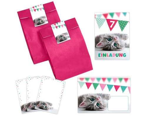 12 Einladungskarten zum 7. Kindergeburtstag Mädchen Jungen Katze Einladungen siebte Geburtstag Kinder incl. 12 Umschläge, 12 Partytüten/pink, 12 Aufkleber, 12 Mini-Notizblöcke von Minkocards