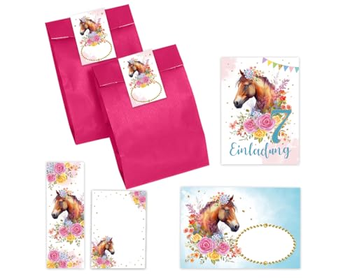 12 Einladungskarten zum 7. Kindergeburtstag Mädchen Pferd Einladung siebte Geburtstag incl. 12 Umschläge, 12 Partytüten/rosa, 12 Aufkleber, 12 Lesezeichen, 12 Mini-Notizblöcke von Minkocards