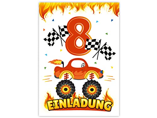 12 Einladungskarten zum 8. Kindergeburtstag Jungen Monster-Truck Auto Einladungen zum achten Geburtstag Kinder bunte Geburtstagseinladungen von Minkocards