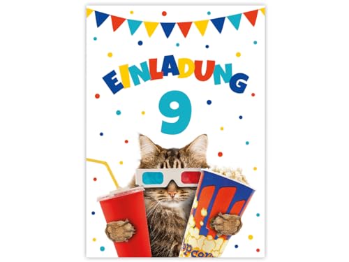 12 Einladungskarten zum 9. Kindergeburtstag Kino Mädchen Jungen Kino-Party Katze coole Einladungen neunte Geburtstag Mädchengeburtstag Jungengeburtstag von Minkocards