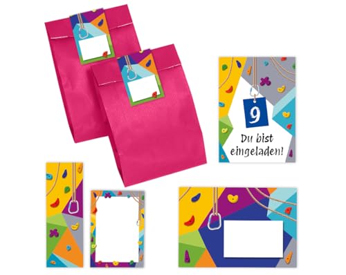 12 Einladungskarten zum 9. Kindergeburtstag Klettern Bouldern Mädchen Jungen neunte Geburtstag incl. 12 Umschläge, 12 Partytüten/pink, 12 Aufkleber, 12 Lesezeichen, 12 Mini-Notizblöcke von Minkocards