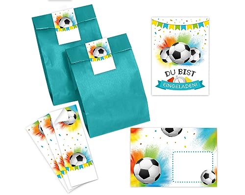 12 Einladungskarten zum Kindergeburtstag Junge Fußball Fussball incl. 12 Umschläge, 12 Partytüten/petrol, 12 Aufkleber Einladungsset Motto-Party von Minkocards