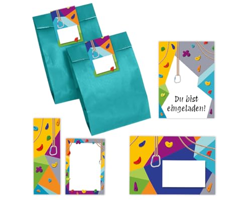 12 Einladungskarten zum Kindergeburtstag Klettern Bouldern Mädchen Jungen Climbing Party incl. 12 Umschläge, 12 Partytüten/petrol, 12 Aufkleber, 12 Lesezeichen, 12 Mini-Notizblöcke von Minkocards