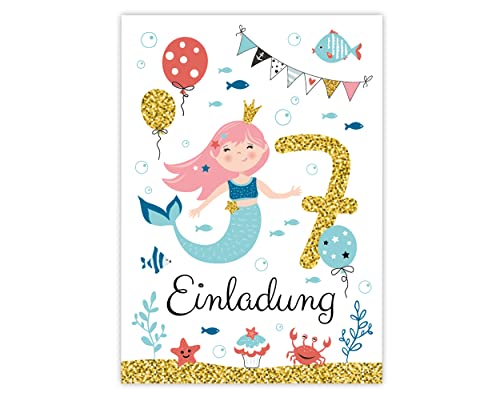 12 Einladungskarten zum siebten Kindergeburtstag 7. Geburtstag Mädchen Meerjungfrau Einladungen zum Geburtstag Kinder bunte Geburtstagseinladungen von Minkocards