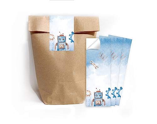 12 Geschenktüten (natur) + 12 Aufkleber Roboter Geschenktüten für Mitgebsel Gastgeschenk einpacken beim Kindergeburtstag Jungensgeburtstag von Minkocards