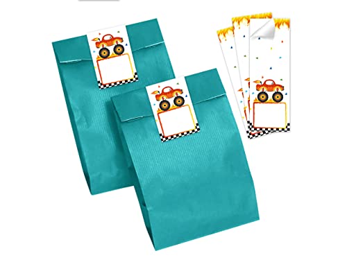 12 Geschenktüten (petrol) + 12 Aufkleber Monster-Truck Geschenktüten für Mitgebsel Gastgeschenk einpacken beim Kindergeburtstag Jungensgeburtstag von Minkocards