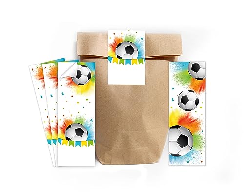 Minkocards 12 Lesezeichen + 12 Geschenktüten (Natur) + 12 Aufkleber Fußball Fussball Mitgebselset Gastgeschenke für Kindergeburtstag Jungsgeburtstag Jungen von Minkocards