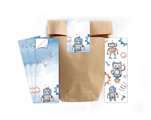 12 Lesezeichen + 12 Geschenktüten (natur) + 12 Aufkleber Roboter Mitgebselset Gastgeschenke für Kindergeburtstag Jungsgeburtstag von Minkocards