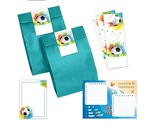 12 Schiffe versenken + 12 Blöcke + 12 Geschenktüten (petrol) + 12 Aufkleber Fußball Fussball Mitgebselset Gastgeschenke für Kindergeburtstag Jungsgeburtstag Jungen von Minkocards