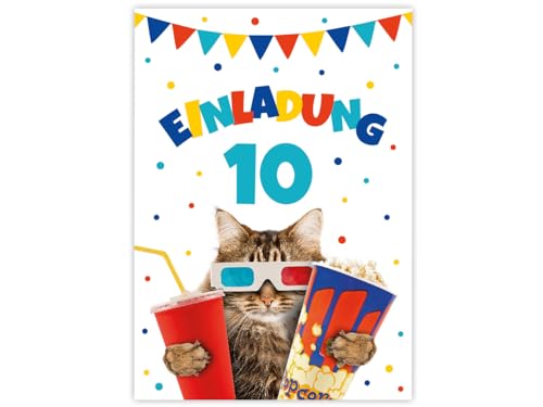 6 Einladungskarten zum 10. Kindergeburtstag Kino Mädchen Jungen Kino-Party Katze coole Einladungen zehnte Geburtstag Mädchengeburtstag Jungengeburtstag von Minkocards