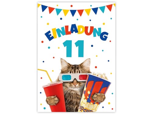 6 Einladungskarten zum 11. Kindergeburtstag Kino Mädchen Jungen Kino-Party Katze coole Einladungen elfte Geburtstag Mädchengeburtstag Jungengeburtstag von Minkocards