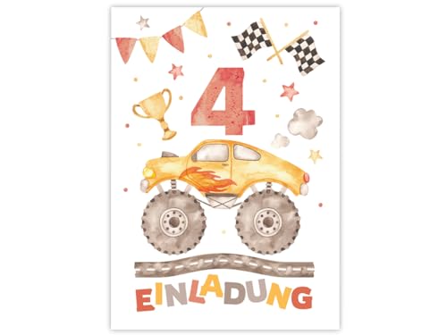 6 Einladungskarten zum 4. Kindergeburtstag Jungen Monster-Truck Auto Jungsgeburtstag Einladung zum vierten Geburtstag Kinder von Minkocards