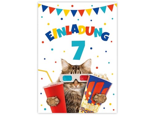 6 Einladungskarten zum 7. Kindergeburtstag Kino Mädchen Jungen Kino-Party Katze coole Einladungen siebte Geburtstag Mädchengeburtstag Jungengeburtstag von Minkocards