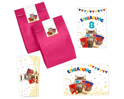 6 Einladungskarten zum 8. Kindergeburtstag Kino Mädchen Jungen Kino-Party Katze coole Einladung achte Geburtstag incl. 6 Umschläge, 6 Partytüten/pink, 6 Aufkleber, 6 Lesezeichen von Minkocards