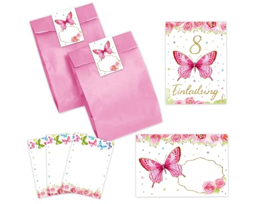 6 Einladungskarten zum 8. Kindergeburtstag Mädchen Schmetterling Einladungen achte Geburtstag Kinder incl. 6 Umschläge, 6 Partytüten/rosa, 6 Aufkleber, 6 Mini-Notizblöcke von Minkocards