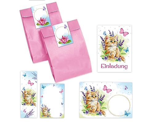 6 Einladungskarten zum Kindergeburtstag Mädchen Katze Kätzchen incl. 6 Umschläge, 6 Partytüten/rosa, 6 Aufkleber, 6 Lesezeichen, 6 Mini-Notizblöcke Einladungsset von Minkocards