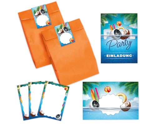 6 Einladungskarten zum Kindergeburtstag Pool-Party Schwimmbad Jungen Mädchen Einladung Mädchengeburtstag Jungsgeburtstag incl. 6 Umschläge, 6 Partytüten/orange, 6 Aufkleber, 6 Mini-Notizblöcke von Minkocards