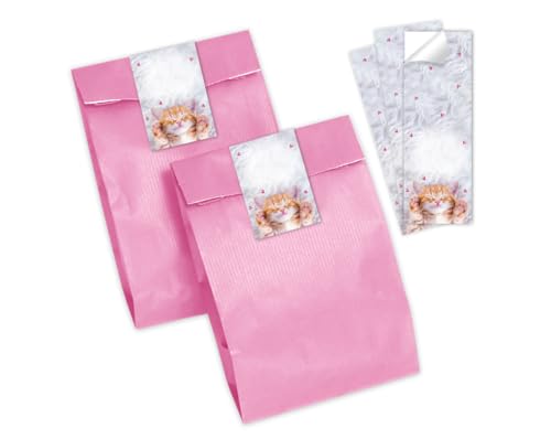 Minkocards 6 Geschenktüten (rosa) + 6 Aufkleber Katze Geschenktüten für Mitgebsel Gastgeschenk einpacken beim Kindergeburtstag Jungsgeburtstag Mädchengeburtstag von Minkocards