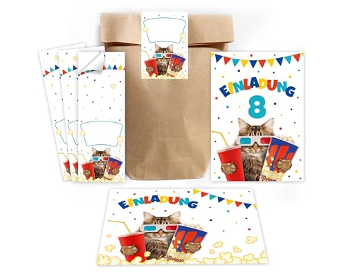 8 Einladungskarten zum 8. Kindergeburtstag Kino Mädchen Jungen Kino-Party Katze coole Einladung achte Geburtstag incl. 8 Umschläge, 8 Partytüten/natur, 8 Aufkleber von Minkocards