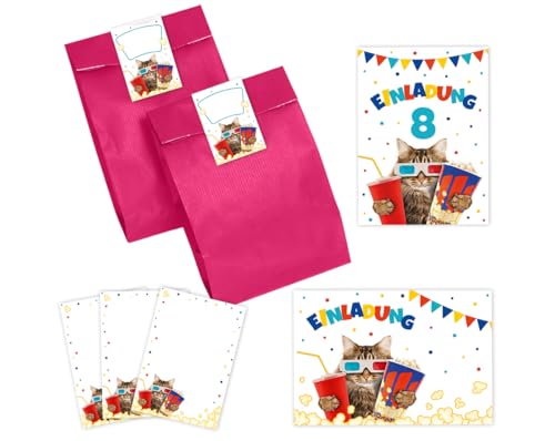 8 Einladungskarten zum 8. Kindergeburtstag Kino Mädchen Jungen Kino-Party Katze coole Einladung achte Geburtstag incl. 8 Umschläge, 8 Partytüten/pink, 8 Aufkleber, 8 Mini-Notizblöcke von Minkocards