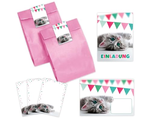 8 Einladungskarten zum Kindergeburtstag Mädchen Jungen Katze coole bunte Einladungen Geburtstag Kinder incl. 8 Umschläge, 8 Partytüten/rosa, 8 Aufkleber, 8 Mini-Notizblöcke von Minkocards