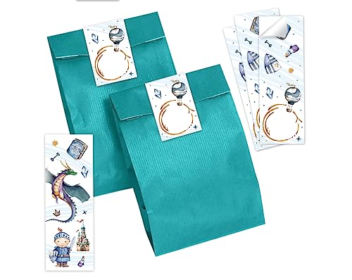 Minkocards 8 Lesezeichen + 8 Geschenktüten (Petrol) + 8 Aufkleber Ritter Drache Mitgebselset Gastgeschenke für Kindergeburtstag Jungsgeburtstag von Minkocards