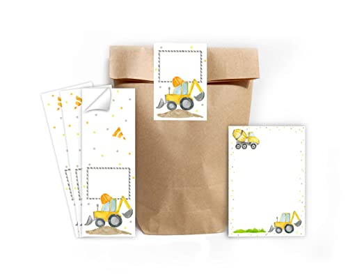 8 Mini-Notizblöcke + 8 Geschenktüten (Natur) + 8 Aufkleber Baustelle Bagger Mitgebselset Gastgeschenke für Kindergeburtstag Jungsgeburtstag von Minkocards