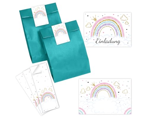 Minkocards 10 Einladungskarten Kindergeburtstag Regenbogen Mädchen Einladung zum Mädchengeburtstag incl. 10 Umschläge, 10 Partytüten/petrol, 10 Aufkleber von Minkocards