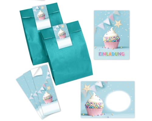 Minkocards 10 Einladungskarten incl. 10 Umschläge zum Kindergeburtstag Mädchen Jungen Muffin Einladungen Mädchengeburtstag Jungsgeburtstag incl. 10 Umschläge, 10 Tüten/petrol, 10 Aufkleber von Minkocards