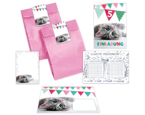 Minkocards 10 Einladungskarten zum 5. Kindergeburtstag Mädchen Jungen Katze Einladungen fünfte Geburtstag Kinder incl. 10 Umschläge, 10 Tüten/rosa, 10 Aufkleber, 10 Blöcke, 10 Schiffe versenken von Minkocards