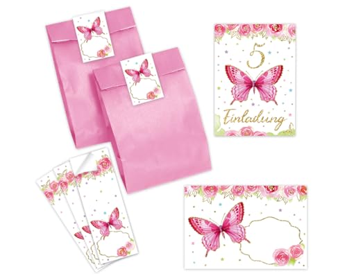 Minkocards 10 Einladungskarten zum 5. Kindergeburtstag Mädchen Schmetterling Einladungen fünfte Geburtstag Kinder incl. 10 Umschläge, 10 Partytüten/rosa, 10 Aufkleber von Minkocards