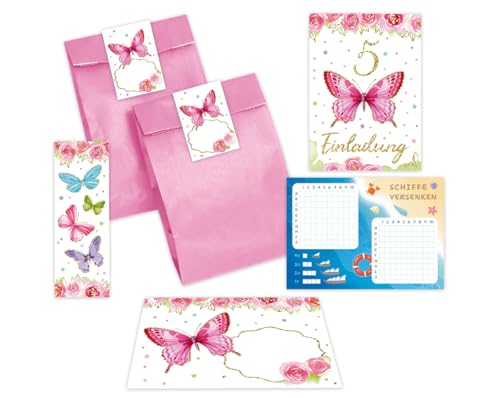 Minkocards 10 Einladungskarten zum 5. Kindergeburtstag Mädchen Schmetterling Einladungen fünfte Geburtstag Kinder incl. 10 Umschläge, 10 Tüten/rosa, 10 Aufkleber, 10 Lesezeichen, 10 Schiffe versenken von Minkocards