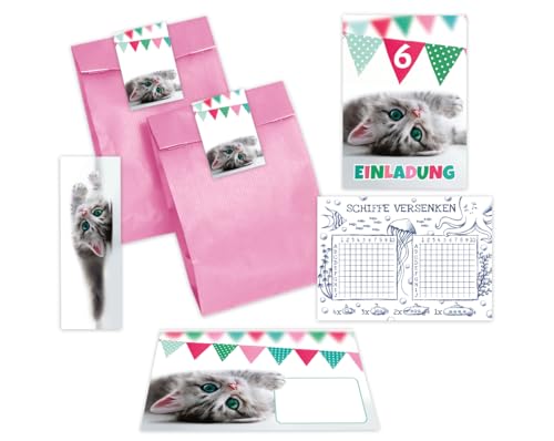 Minkocards 10 Einladungskarten zum 6. Kindergeburtstag Mädchen Jungen Katze Einladungen sechste Geburtstag Kinder incl. 10 Umschläge, 10 Tüten/rosa, 10 Aufkleber, 10 Lesezeichen, 10 Schiffe versenken von Minkocards