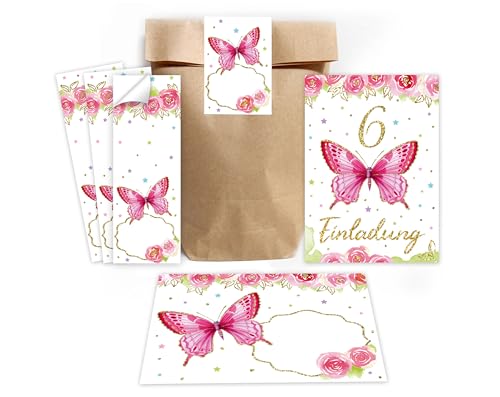 Minkocards 10 Einladungskarten zum 6. Kindergeburtstag Mädchen Schmetterling Einladungen sechste Geburtstag Kinder incl. 10 Umschläge, 10 Partytüten/natur, 10 Aufkleber von Minkocards