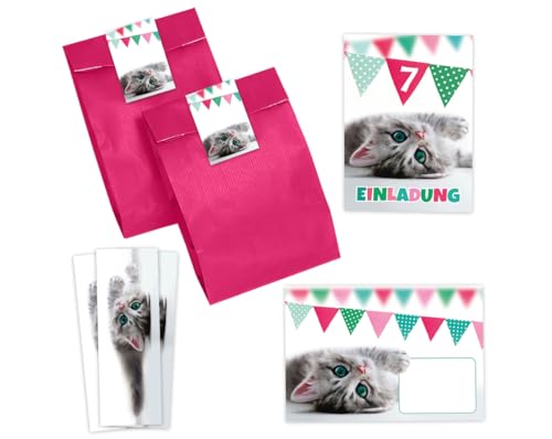 Minkocards 10 Einladungskarten zum 7. Kindergeburtstag Mädchen Jungen Katze Einladungen siebte Geburtstag Kinder incl. 10 Umschläge, 10 Partytüten/pink, 10 Aufkleber, 10 Lesezeichen von Minkocards