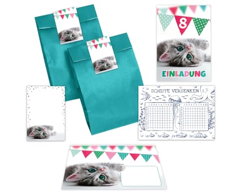 Minkocards 10 Einladungskarten zum 8. Kindergeburtstag Mädchen Jungen Katze Einladungen achte Geburtstag Kinder incl. 10 Umschläge, 10 Tüten/petrol, 10 Aufkleber, 10 Blöcke, 10 Schiffe versenken von Minkocards